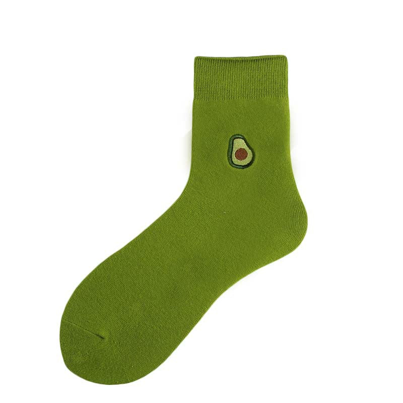 Cotton Ins New Pile Socks Green Avocado Embroidery in Tube Women's Socks
