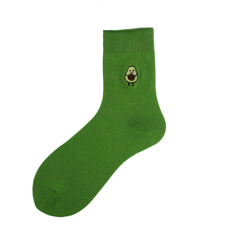 Cotton Ins New Pile Socks Green Avocado Embroidery in Tube Women's Socks