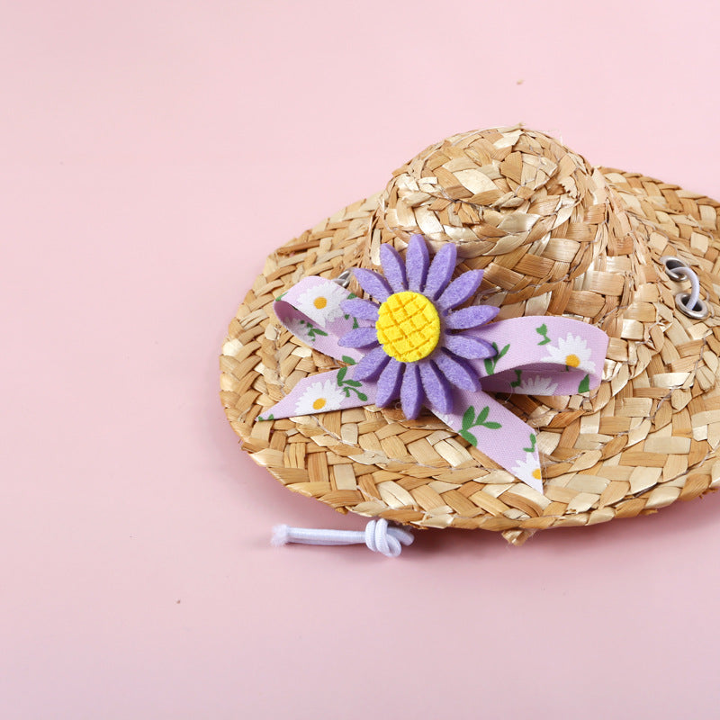 Small Daisy Sun Flower Bell Funny Cat Stick Collar Bow Straw Hat