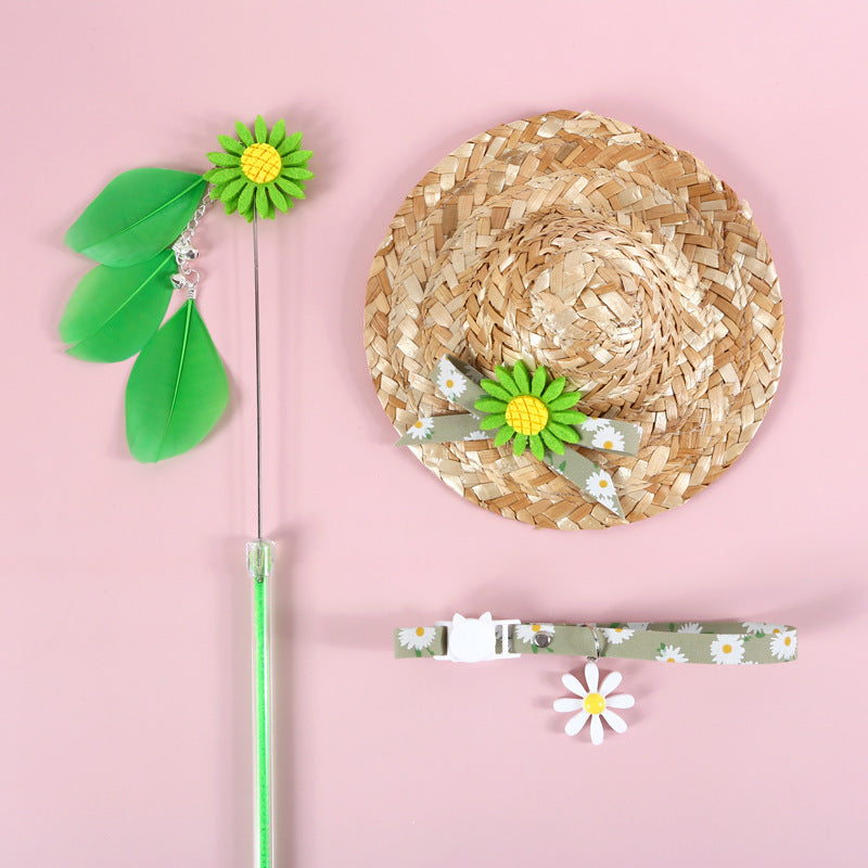 Small Daisy Sun Flower Bell Funny Cat Stick Collar Bow Straw Hat