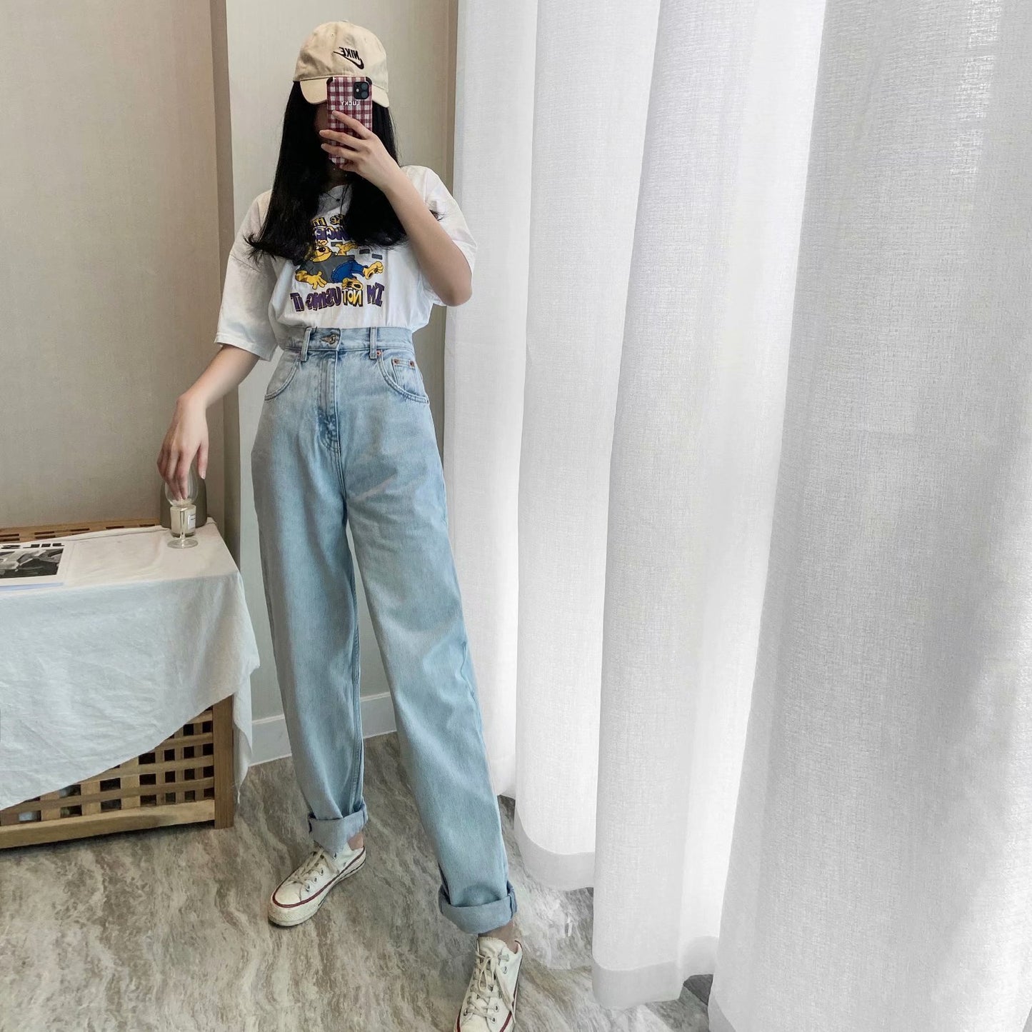 Ladies Drape Washed Denim Blue Loose Daddy Jeans