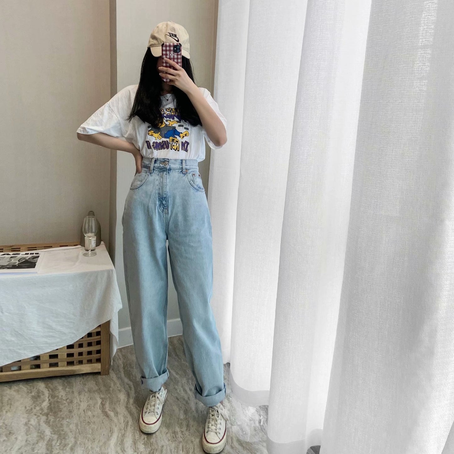 Ladies Drape Washed Denim Blue Loose Daddy Jeans