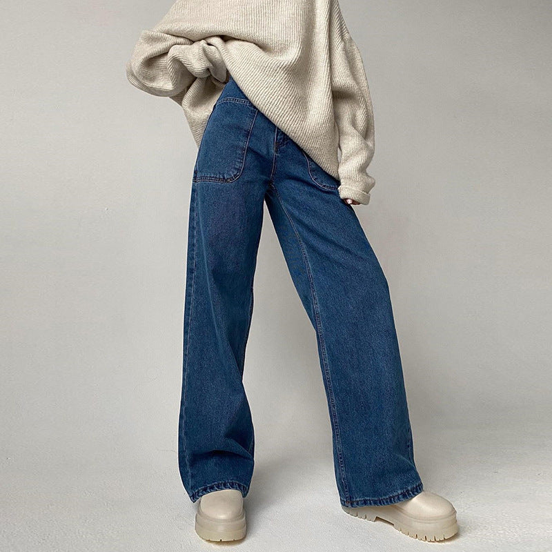 High Waist Bag Hip Wide Leg Casual Pants Trend Patch Pocket Straight-Leg Jeans