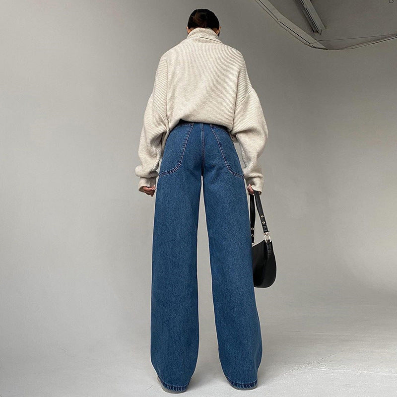 High Waist Bag Hip Wide Leg Casual Pants Trend Patch Pocket Straight-Leg Jeans