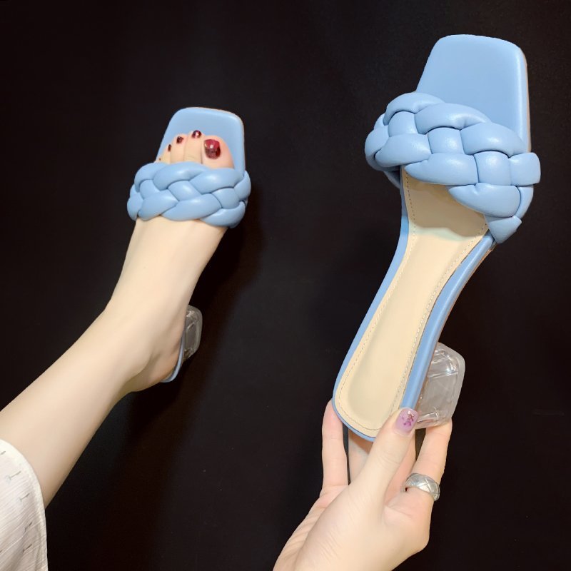 Women's Mid-heel Slippers With Woven Square Toe Sandals