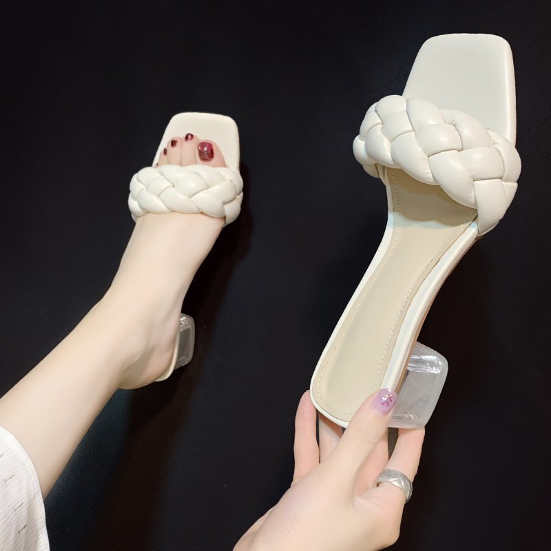 Women's Mid-heel Slippers With Woven Square Toe Sandals