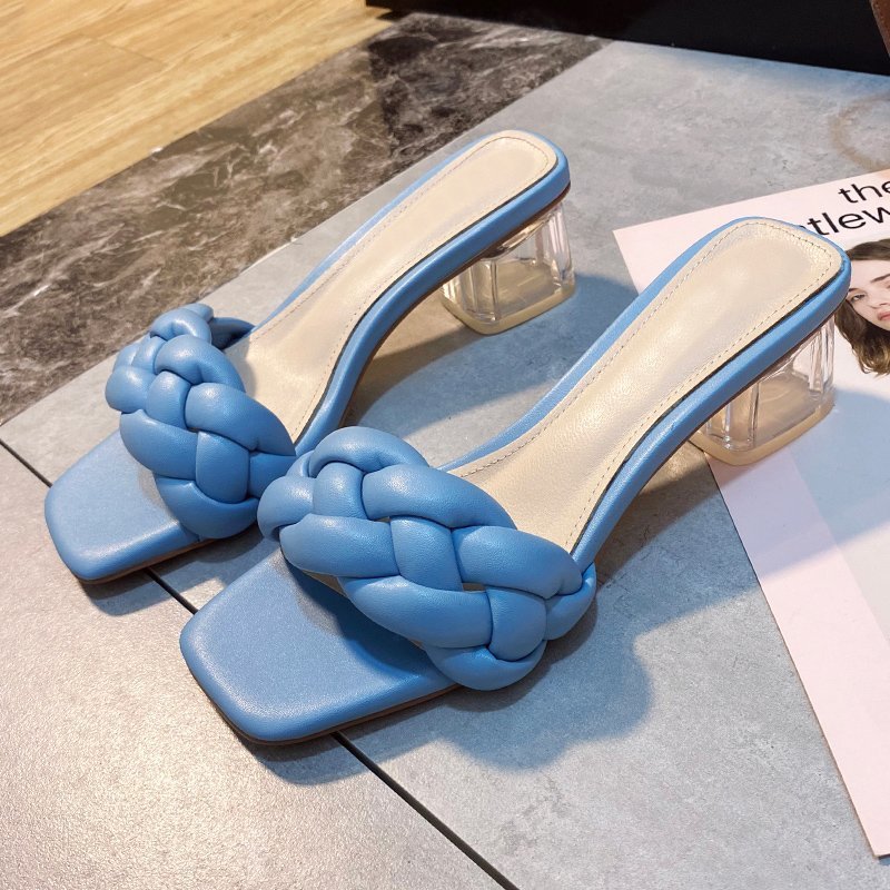 Women's Mid-heel Slippers With Woven Square Toe Sandals