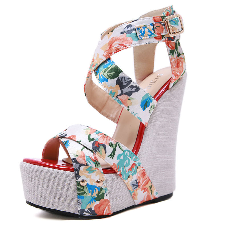 Silk-Printed Wedge High-Heel Comfortable Platform Sandals