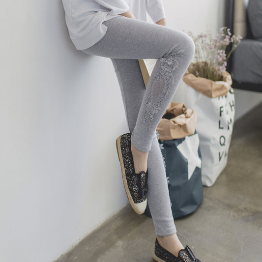 XS-7XL Leggings til kvinder i bomuld med blondedekoration Leggings Leggins Lange Leggings i store størrelser