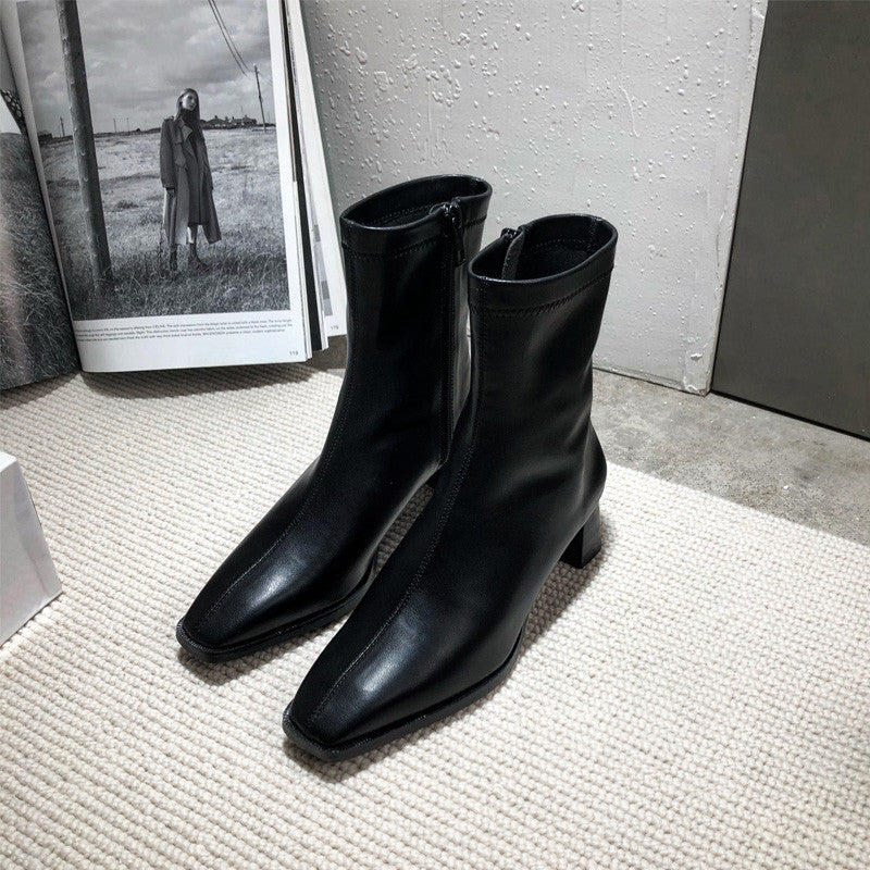 Net Red Wild Plus Velvet Thin Boots Thick Heel Short Boots