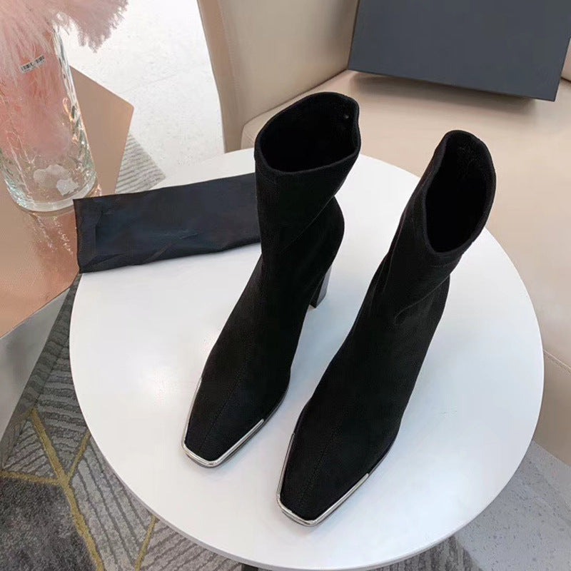 Square Toe Metal Thick Heel Mid-Tube Elastic Sock Boots