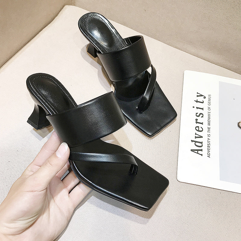 Square Toe Fashionable Outer Wear Open-toed Flip-flops High-heeled Sexy Sandals And Slippers