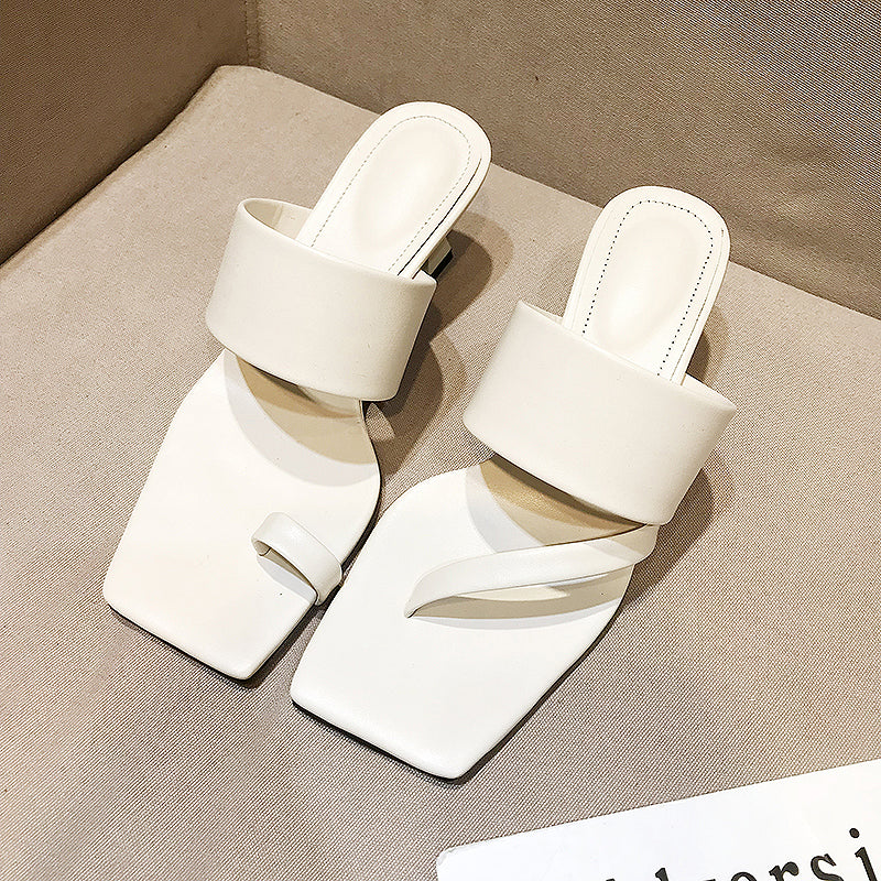 Square Toe Fashionable Outer Wear Open-toed Flip-flops High-heeled Sexy Sandals And Slippers