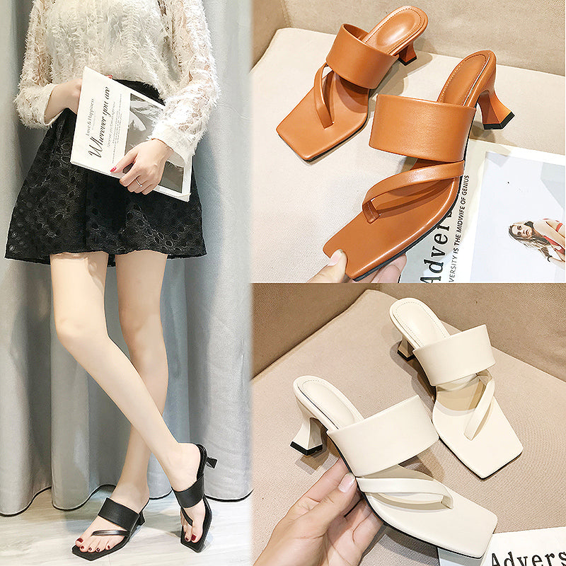 Square Toe Fashionable Outer Wear Open-toed Flip-flops High-heeled Sexy Sandals And Slippers