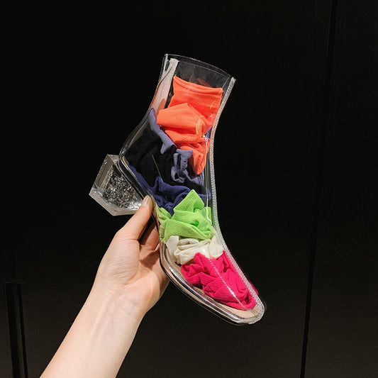 Transparent Women's Boots Rain Boots High Heels Thick Heel Square Toe Crystal Heel