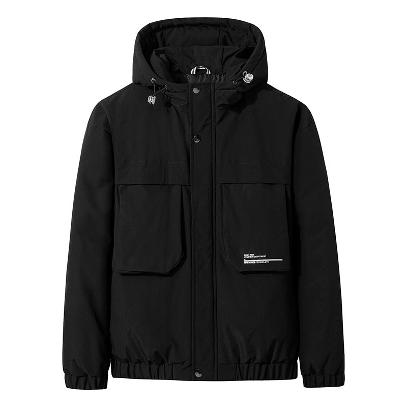 Stand-up Collar Three-dimensional Patch Pocket Black Large Size Zipper Loose-fitting Hood