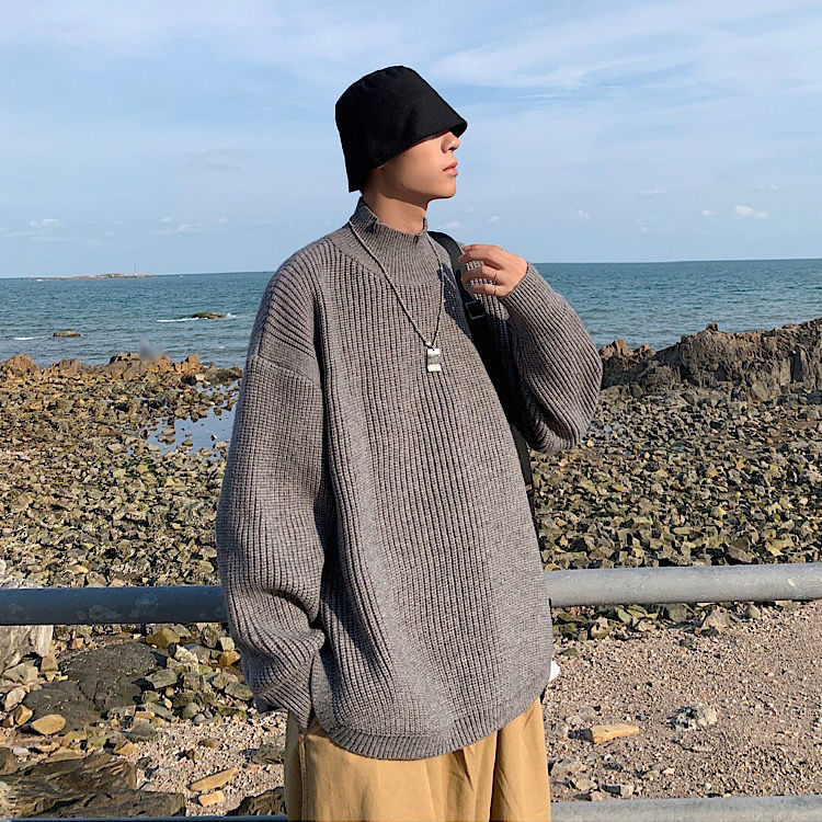 Half-high Collar Men's Autumn And Winter Thickened Loose Trend Lazy Split Bottoming Shirt