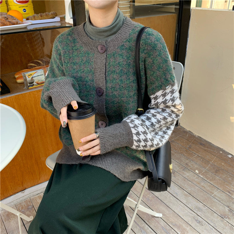 Alsidig løs houndstooth cardigan-sweater