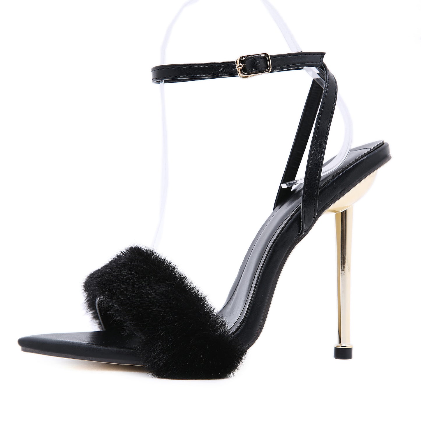 Metal High-Heeled Fur Shoes Hollow Pointed Toe Stiletto High-Heeled Sandals    35 To 41 Size