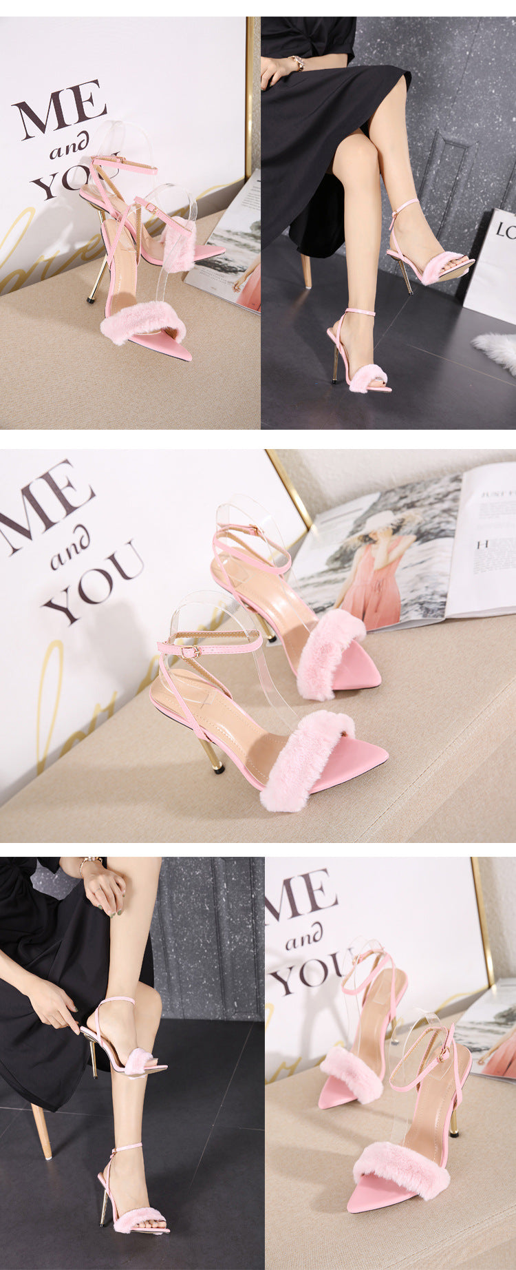 Metal High-Heeled Fur Shoes Hollow Pointed Toe Stiletto High-Heeled Sandals    35 To 41 Size