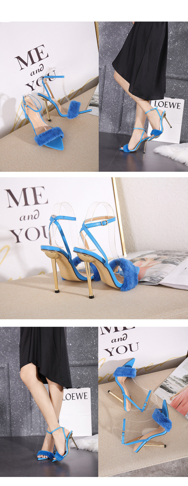 Metal High-Heeled Fur Shoes Hollow Pointed Toe Stiletto High-Heeled Sandals    35 To 41 Size