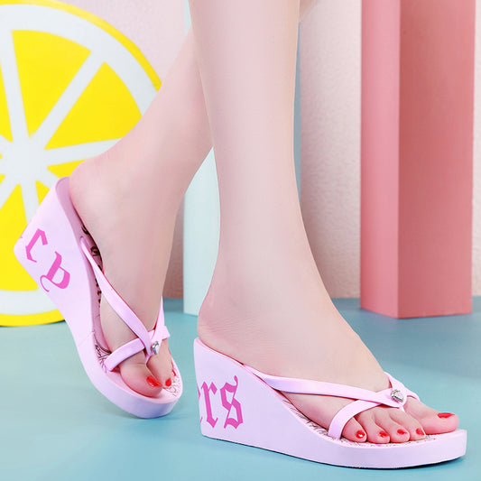 Non-slip Platform Fashion Slippers Printed High-heel Sandals Clip