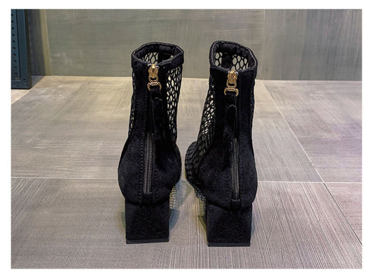 Summer Breathable Net Red Black Thick Heel Short Boots