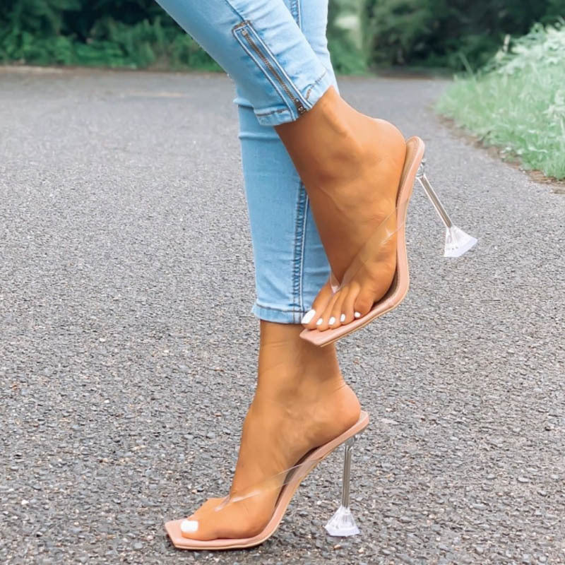 High Heel Flip Crystal Transparent Heel PVC Sandals And Slippers