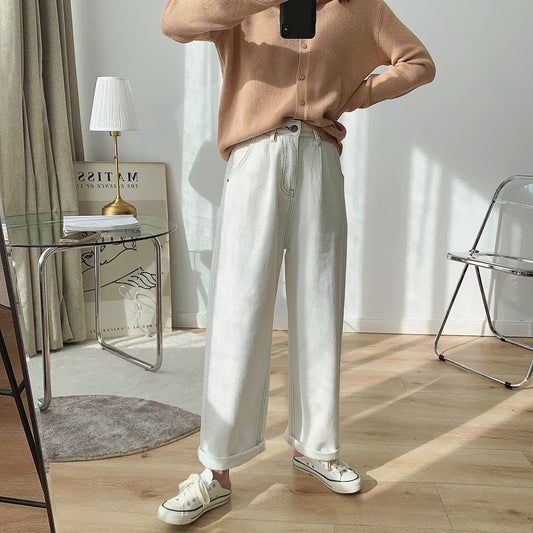 White Twill Denim Straight Leg Pants Women's High Waist Loose