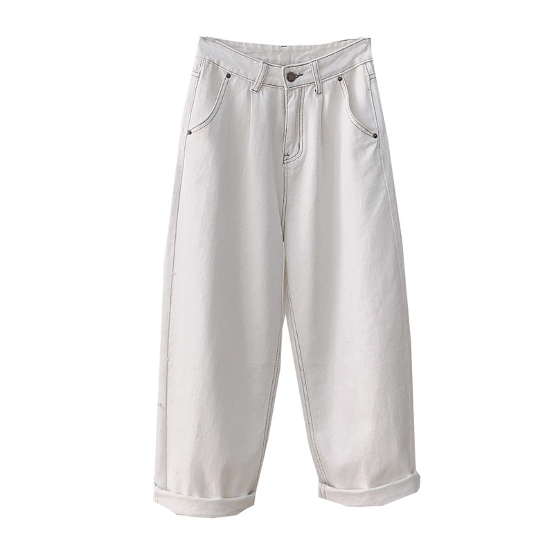White Twill Denim Straight Leg Pants Women's High Waist Loose