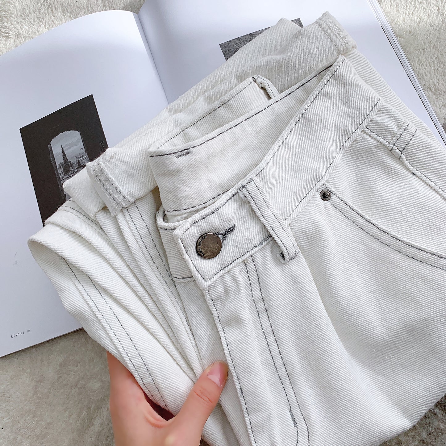 White Twill Denim Straight Leg Pants Women's High Waist Loose