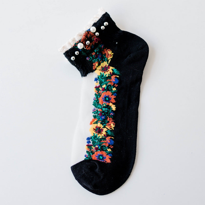 Transparent Nylon Cotton Bottom Floret Boat Silk Women Socks