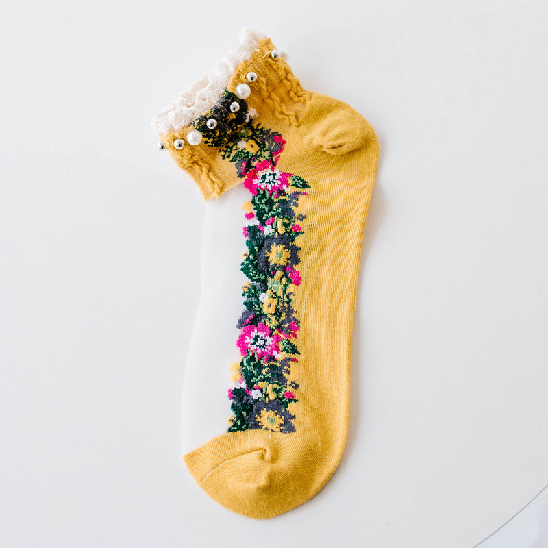 Transparent Nylon Cotton Bottom Floret Boat Silk Women Socks