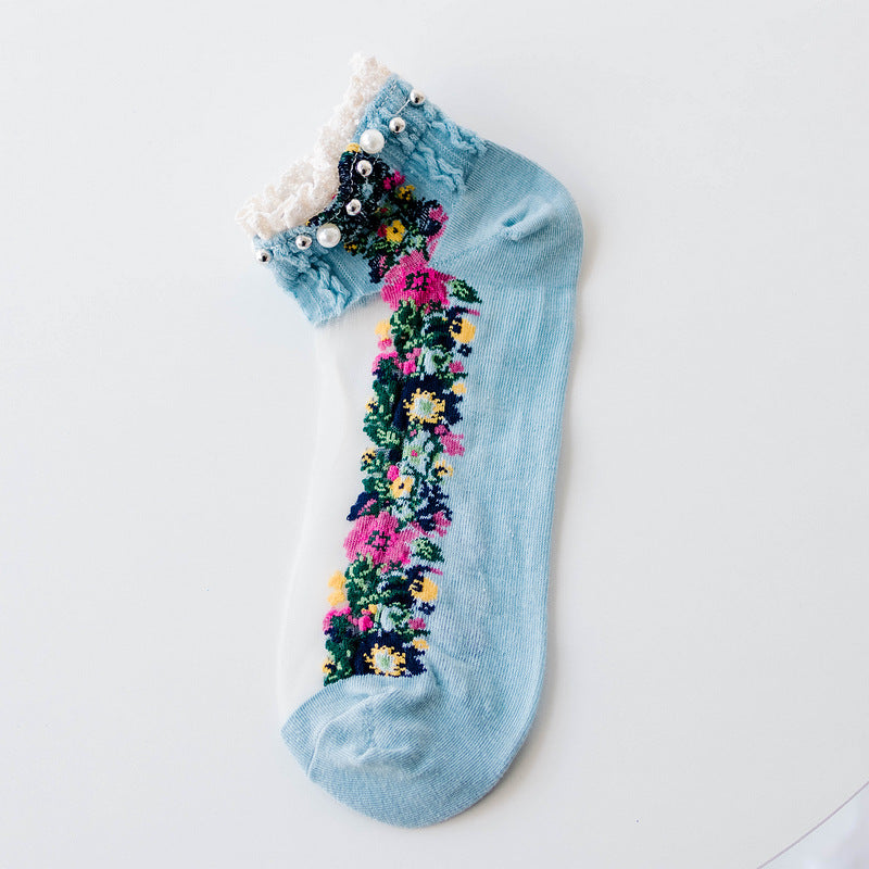 Transparent Nylon Cotton Bottom Floret Boat Silk Women Socks