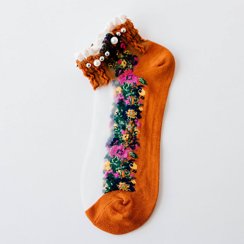 Transparent Nylon Cotton Bottom Floret Boat Silk Women Socks