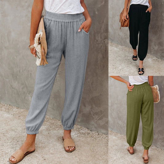 Solid Color Loose Pocket High Waist Cropped Trousers