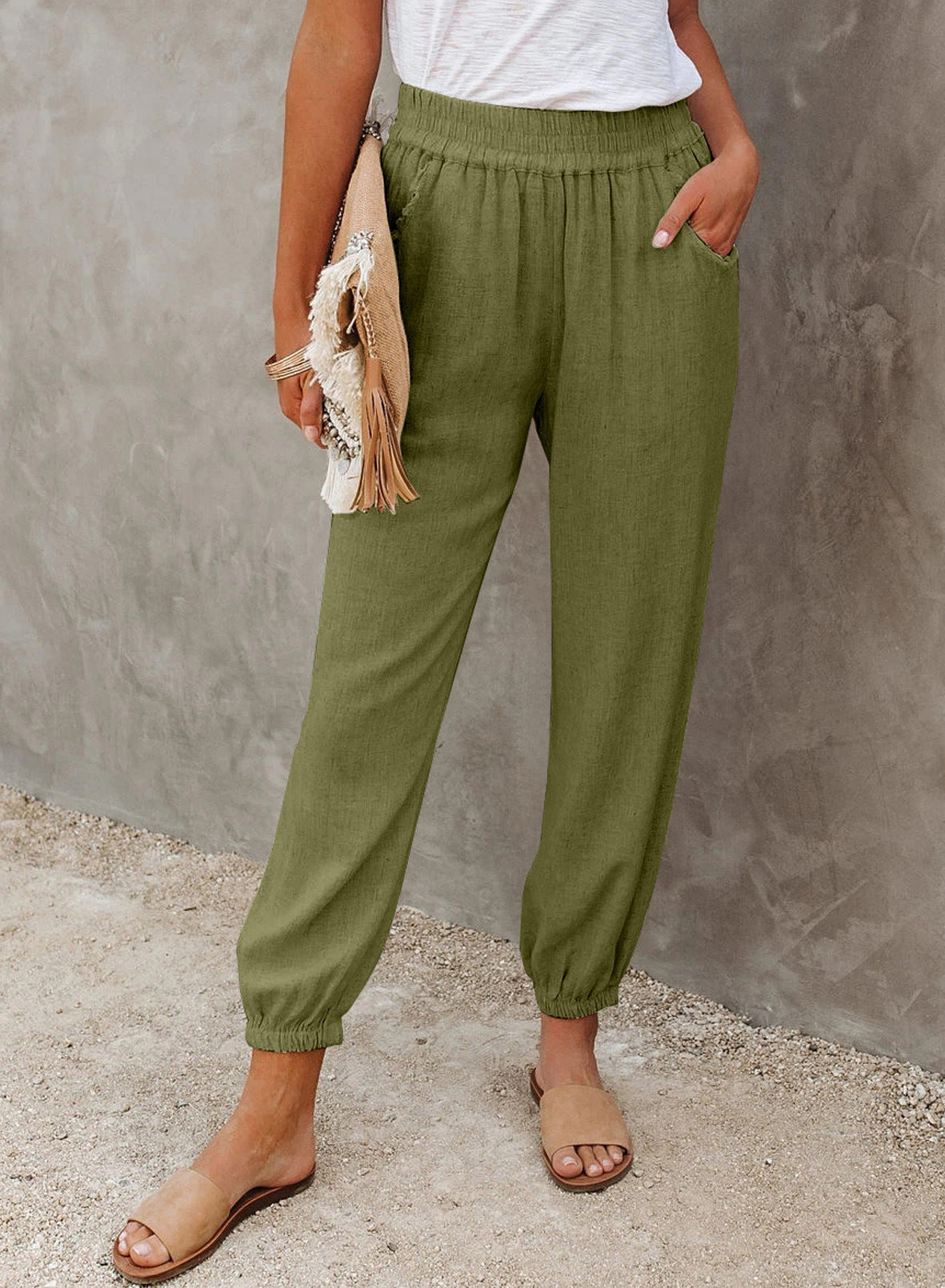 Solid Color Loose Pocket High Waist Cropped Trousers