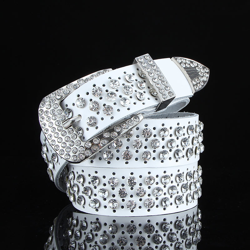 Fashion All-match Black and White Leather Belt With Diamond Leather Wide Leather Belt With Crystals