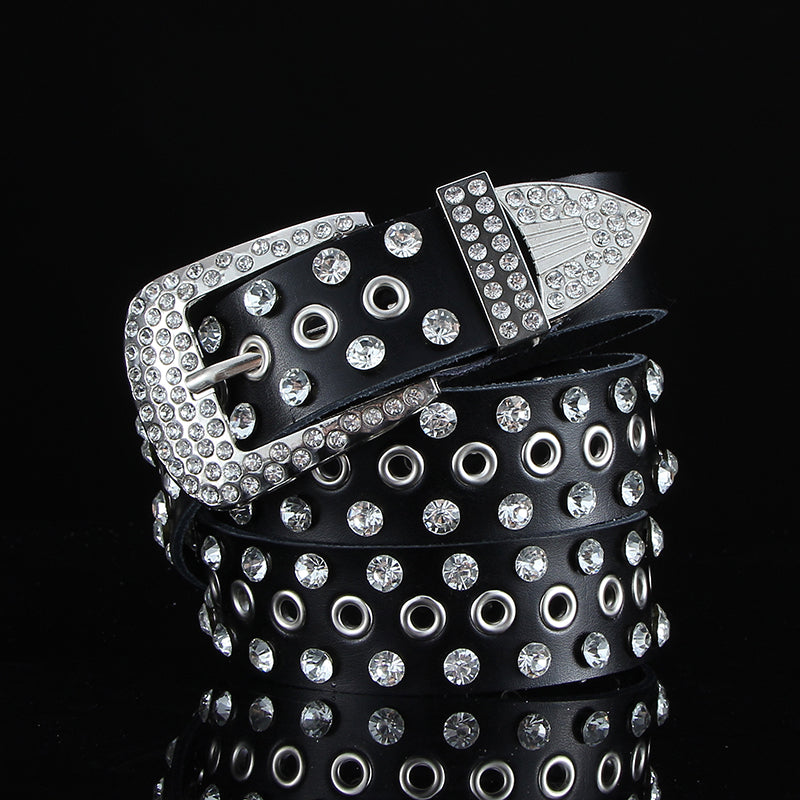 Fashion All-match Black and White Leather Belt With Diamond Leather Wide Leather Belt With Crystals