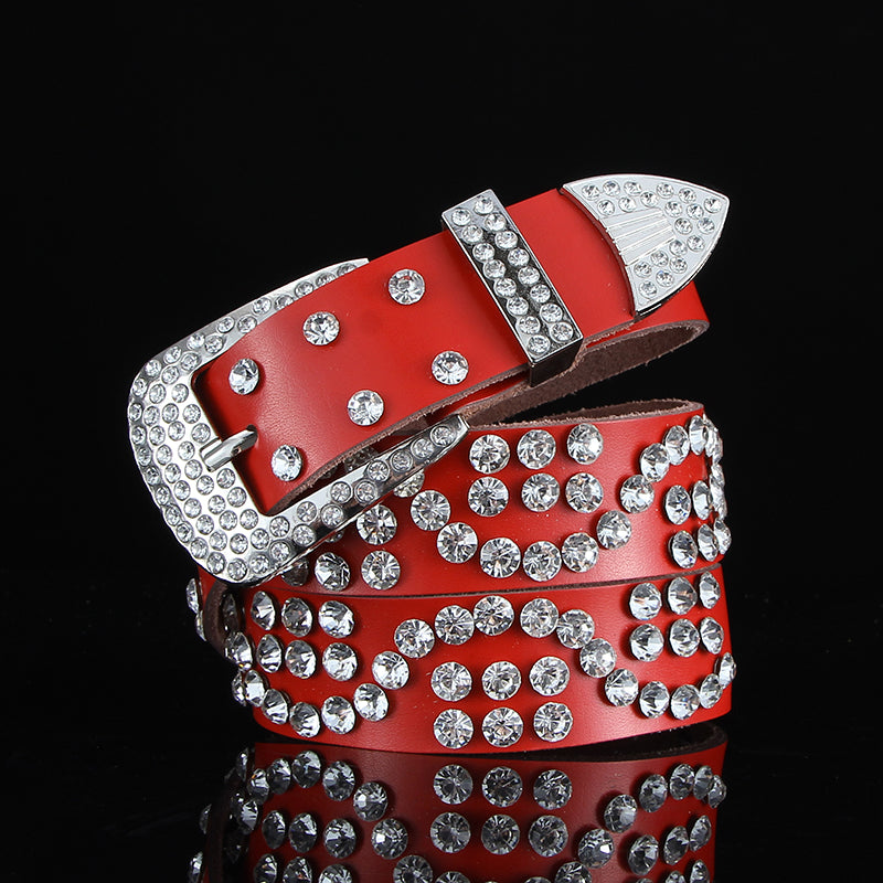 Fashion All-match Black and White Leather Belt With Diamond Leather Wide Leather Belt With Crystals