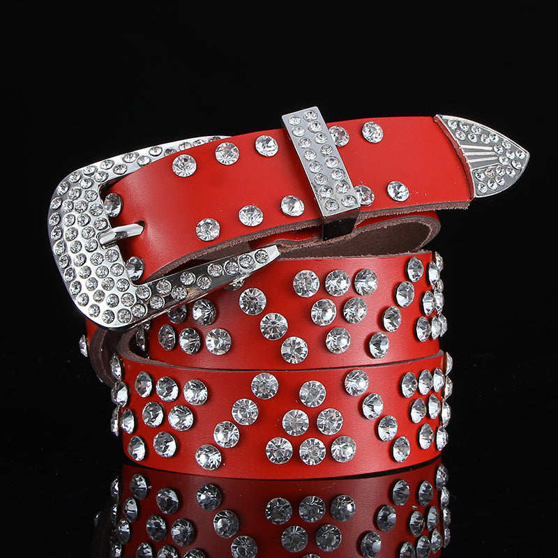 Fashion All-match Black and White Leather Belt With Diamond Leather Wide Leather Belt With Crystals