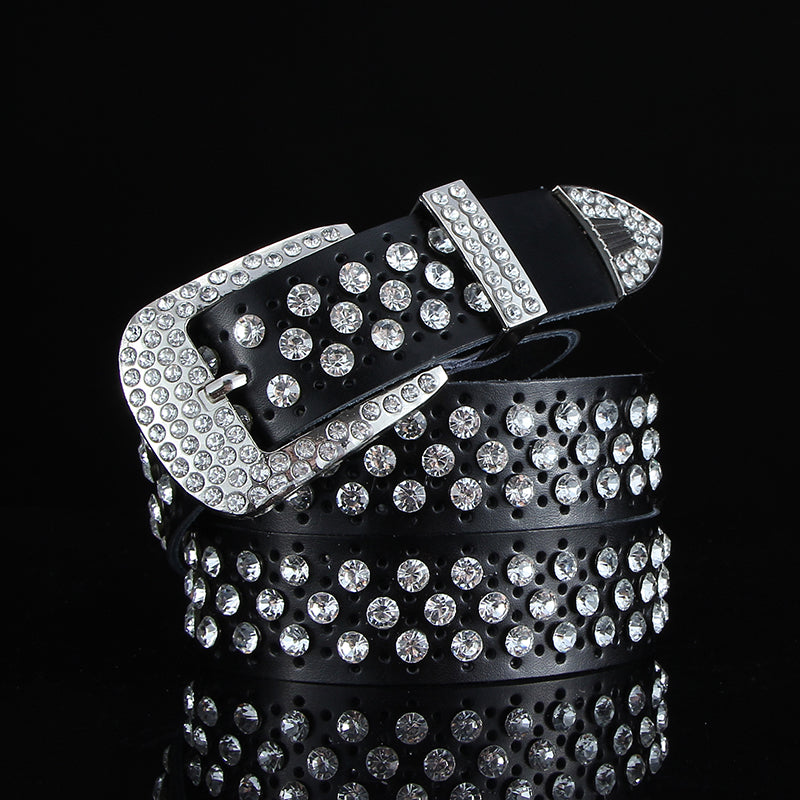 Fashion All-match Black and White Leather Belt With Diamond Leather Wide Leather Belt With Crystals