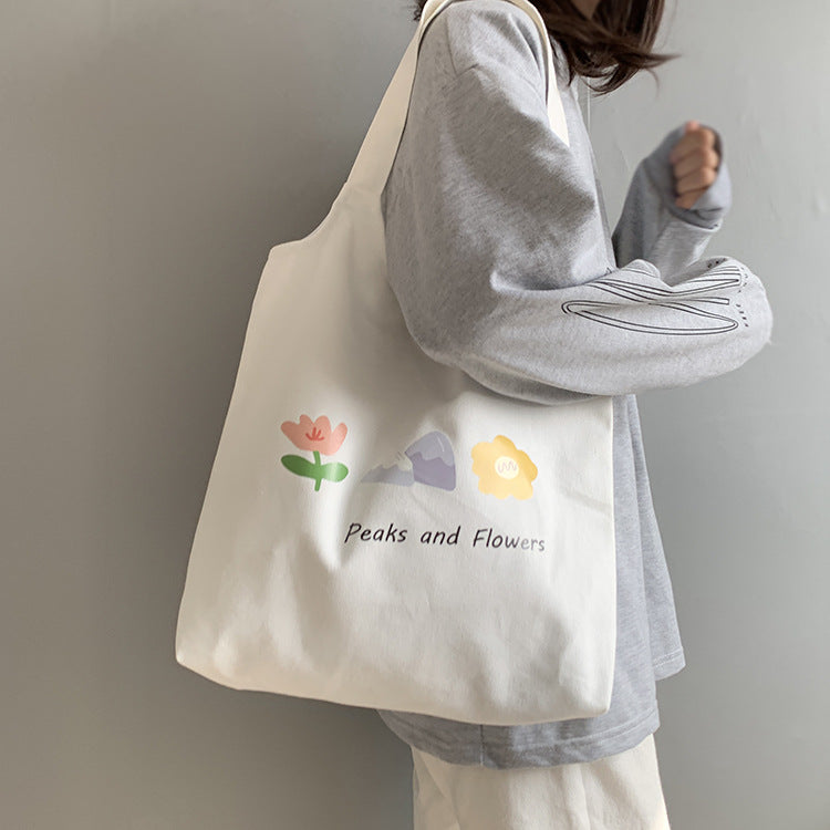 Vest Canvas Bag Japanese And Korean Flower Women's Shoulder Bag Small Fresh Literature And Art Student Bag Women's Canvas Thick