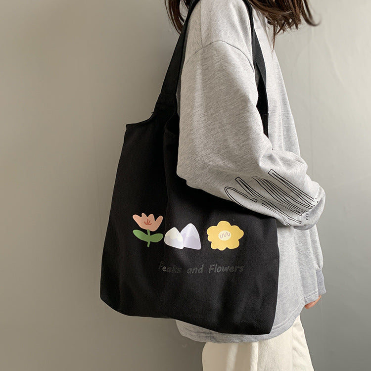 Vest Canvas Bag Japanese And Korean Flower Women's Shoulder Bag Small Fresh Literature And Art Student Bag Women's Canvas Thick