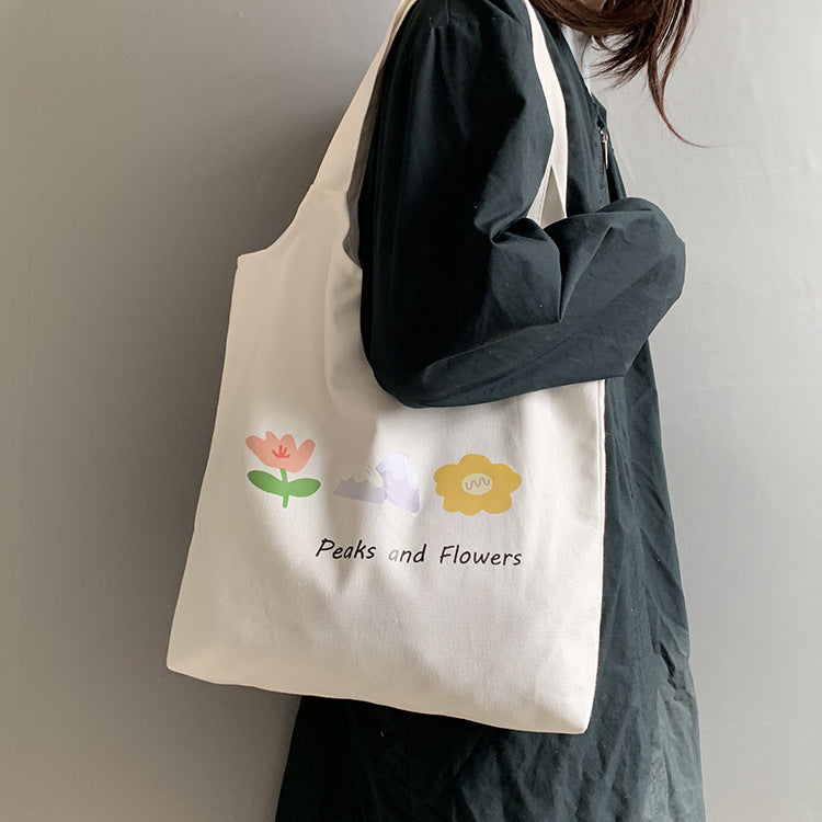 Vest Canvas Bag Japanese And Korean Flower Women's Shoulder Bag Small Fresh Literature And Art Student Bag Women's Canvas Thick