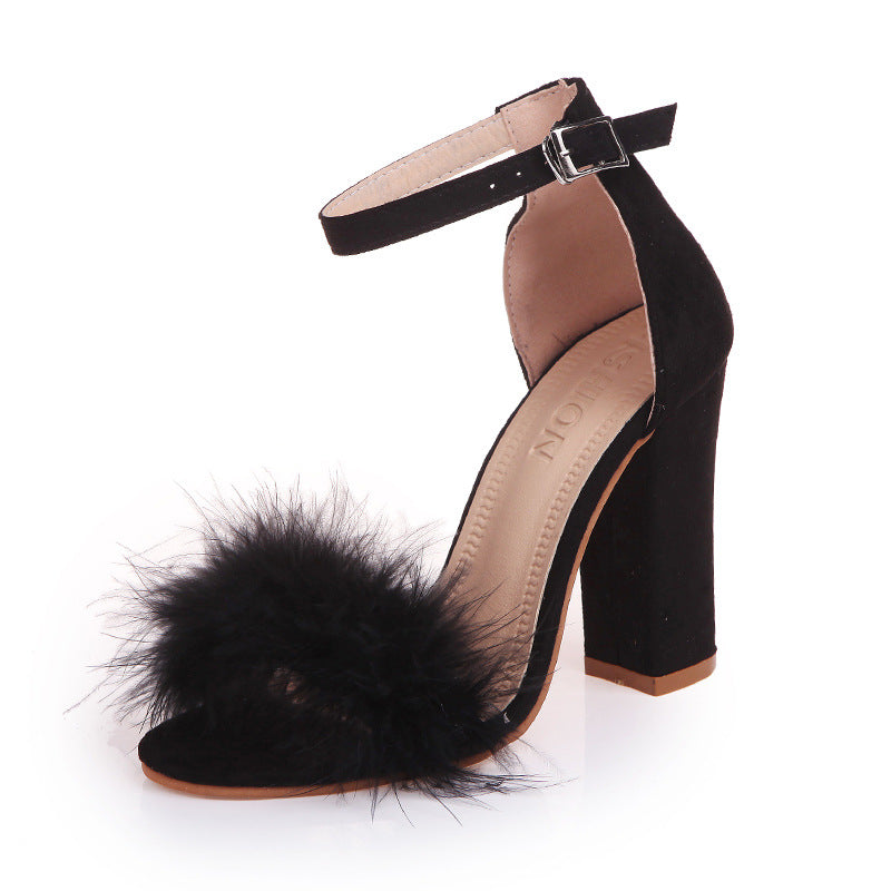 Hot Style New Open-Toed Shallow Mouth Large Size Women'S Single Shoes Rabbit Fur Buckle High-Heeled Sandals