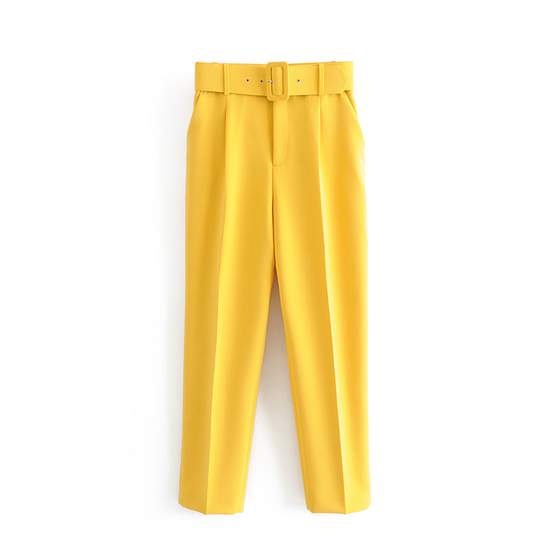 High Waist Casual Pants Yellow Cropped Trousers