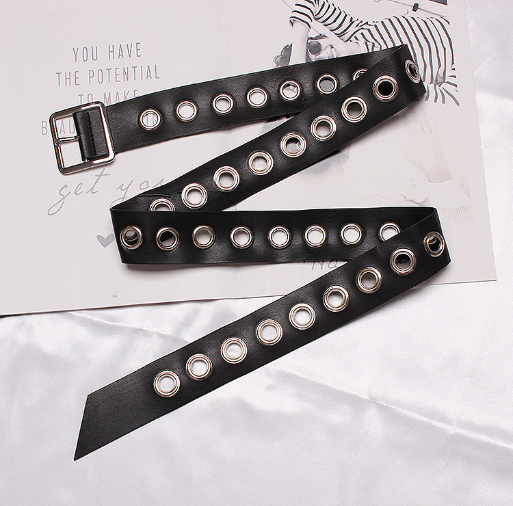Versatile Ring Extra Long Belt Female Black Wide Metal Eyelet Female Belt Decorated Dress Trousers