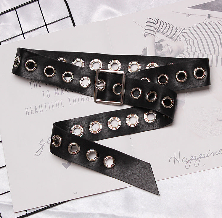 Versatile Ring Extra Long Belt Female Black Wide Metal Eyelet Female Belt Decorated Dress Trousers