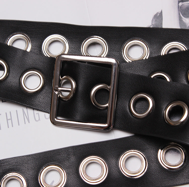 Versatile Ring Extra Long Belt Female Black Wide Metal Eyelet Female Belt Decorated Dress Trousers